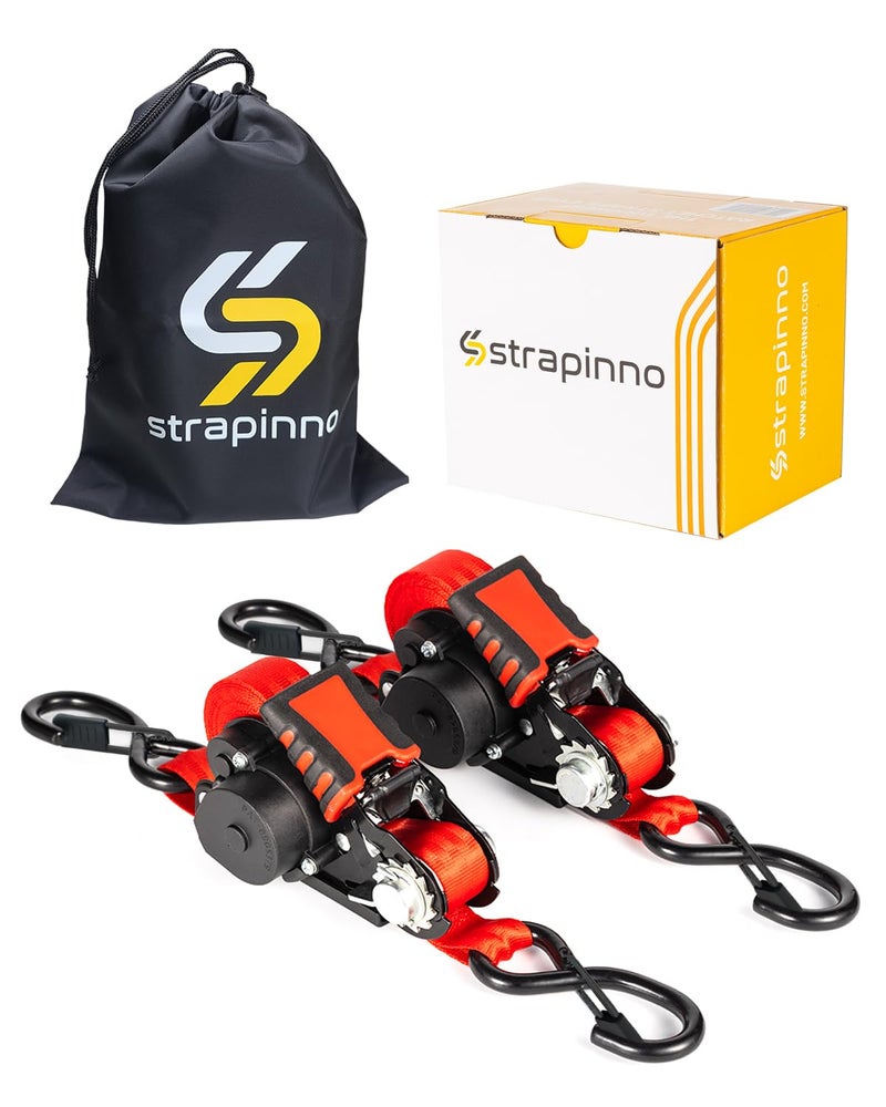 Strapinno أشرطة سقاطة قابلة للسحب من Strapinno - 1 بوصة × 12 قدم ربطات عنق متينة بقوة 1800 رطل، كل خطاف S مع مشبك أمان سحب تلقائي لتحريك قارب الدراجات النارية وقوارب الكاياك والبضائع (2) - Image 1